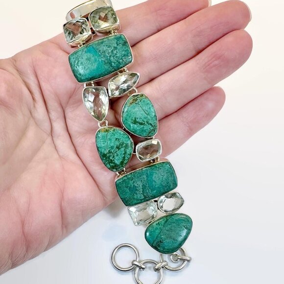 Chrysocolla Bracelet, Prasiolite, Green Amethyst, Sterling Silver, Wide,Vintage - Picture 1 of 6